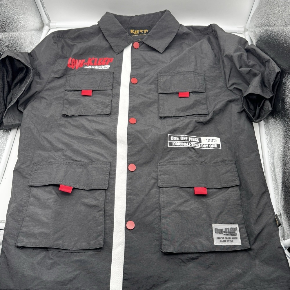 Kleep Shirt M Medium Short Sleeve Button Stretch Black Pockets Print Lined Nylon